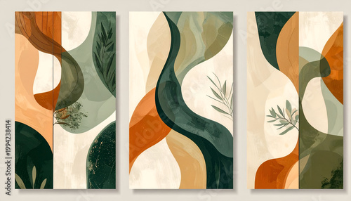 A triptych of abstract botanical shapes in earthy tones creates a calming and modern wall art composition.