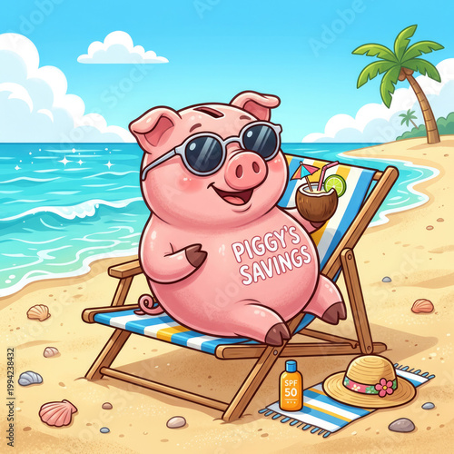 Cute Cartoon Piggy Bank: Tropical Savings Adventure for Fun Summer Vacations - Beachside Finance Planning with Leisure, Relaxation, and Colorful Whimsical Illustrations