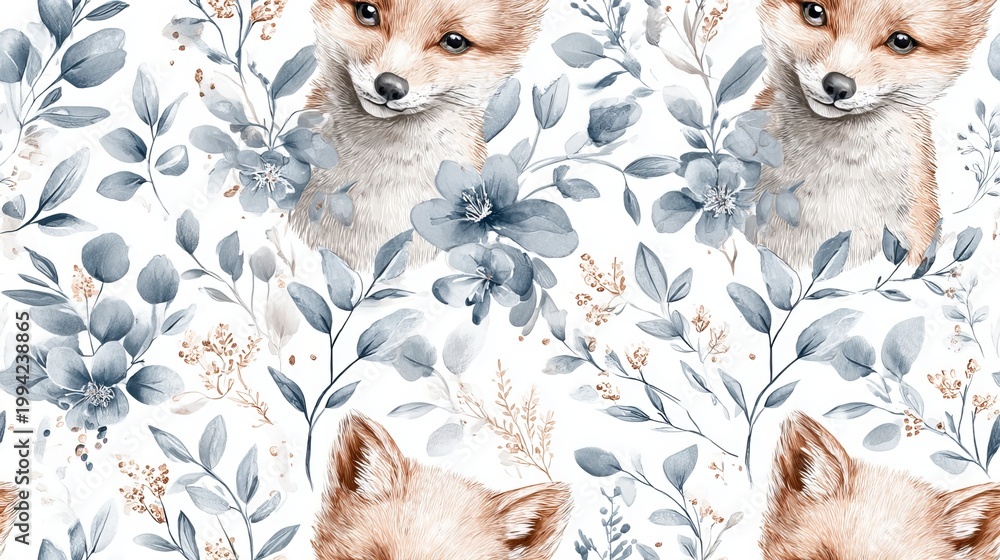 Fototapeta premium Watercolor boho fox seamless pattern with leaves, cute woodland nursery style decorative repeat design on soft pastel background for textile and surface print