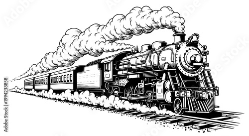 Train steam locomotive hauling freight cars in a vintage line art style for transportation and railway history themes