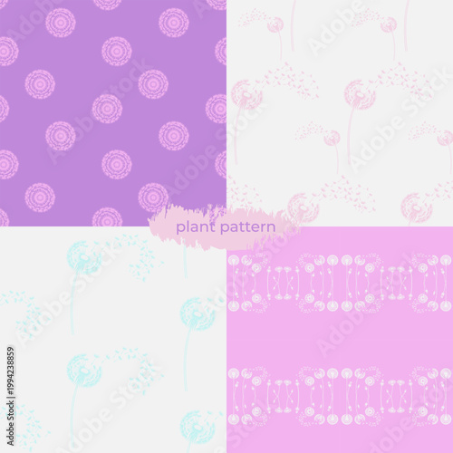 Set of 4 botanical seamless patterns with dandelions and floral motifs