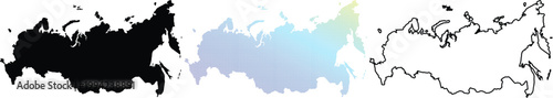 Comprehensive Map of Russia Set featuring Solid Silhouette, Digital Pixel Dot Grid with Gradient, and Simple Line Outline Styles Isolated on White Background