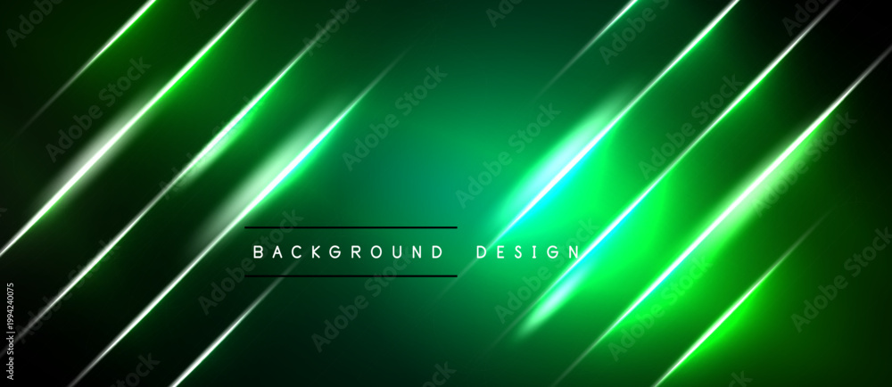 Naklejka premium Dark green background features bright neon lines. Diagonal streaks create dynamic visual effect. Text reads background design. Modern, futuristic aesthetic.