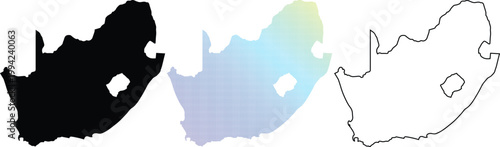 Set of South Africa map icons including a solid black silhouette, a colorful gradient pixelated version, and a thin black outline isolated on a white background.