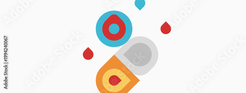 Abstract colorful shapes, circles, droplets. Minimalist design, flat illustration, simple graphics, light background.