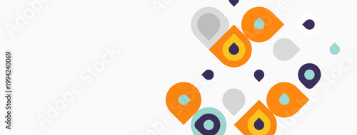 Abstract shapes, circles, squares, dots. Orange, gray, purple hues dominate composition. Minimalist design, clean aesthetic.