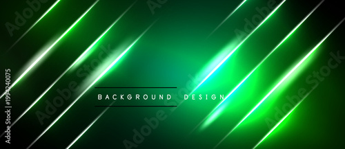 Dark green background features bright neon lines. Diagonal streaks create dynamic visual effect. Text reads background design. Modern, futuristic aesthetic.