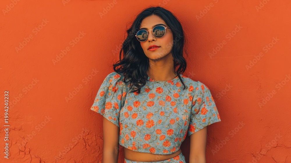 Fototapeta premium Stylish young woman with sunglasses and floral crop top posing confidently against a vibrant orange textured wall embodying modern spring fashion and urban lifestyle