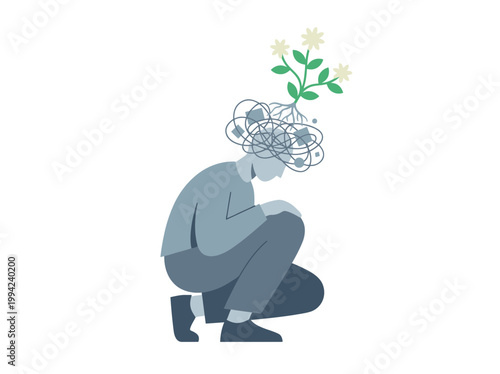 A person crouches with a confused mind and a growing flower sprouting from their head.