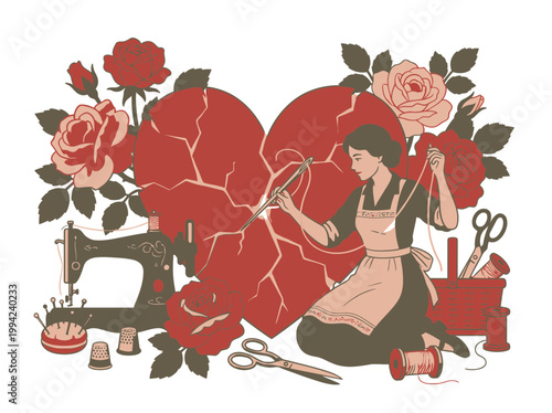 Woman sewing surrounded by roses and heart-shaped fabric in a workshop