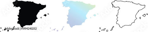 Map of Spain Vector Set Featuring Solid Silhouette, Colorful Dotted Pattern, and Simple Black Outline Designs on White Background