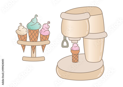 Soft serve ice cream machine and colorful cones in waffle cups.