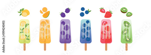 Fruit and berry ice popsicles set with fresh ingredients vector