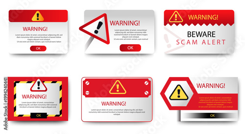Scam alert notification set icon. fraud notice alert. malware hack attack atention banner pop up. vector