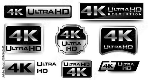 Set of 4K Resolution Ultra high definition logo icon with silver and black. vector