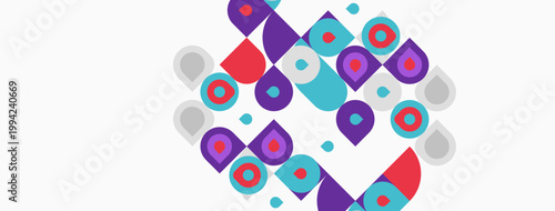 Abstract geometric pattern. Colorful squares, circles overlap creating dynamic composition. Modern design, vibrant hues present.