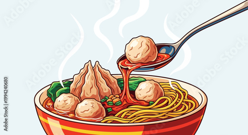 Indonesian Bakso Meatball Noodle Soup Vector Illustration