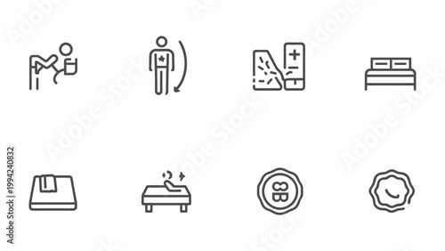Wellness and Relaxation Icon Collection: A set of minimalist icons representing various aspects of wellness and relaxation. Includes imagery related to sleep, comfort, and care.