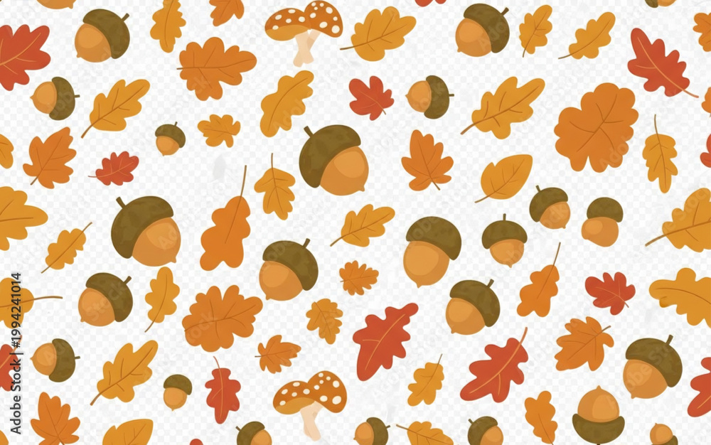 Fototapeta premium Seamless pattern of acorns, oak leaves, and mushrooms, perfect for autumn and fall decor