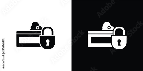 Black and white of padlock and credit card with hacker security