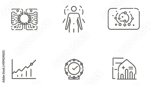 Digital Innovation Icons: An array of innovative digital icons, showcasing the essence of technology and scientific advancement, representing future possibilities and technological progress.