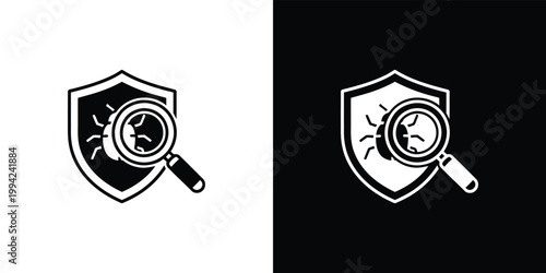 Black and white shield and magnifying glass with bug security