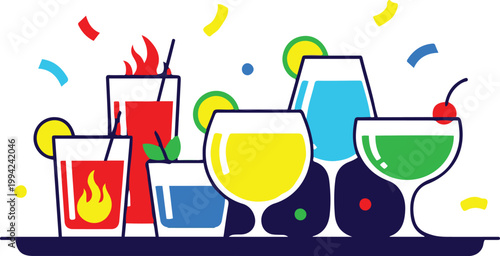 Vibrant cocktails on a tray with garnishes are served at a party