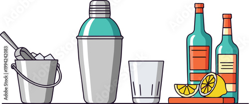 Preparing cocktails with bottles, lemons, ice bucket, and shaker on counter