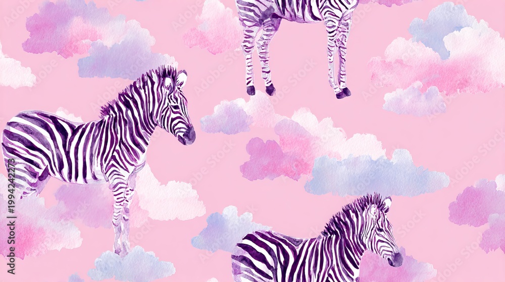 Fototapeta premium Watercolor boho zebra with clouds seamless repeat pattern, cute nursery decorative design on soft pastel background for textile and surface print