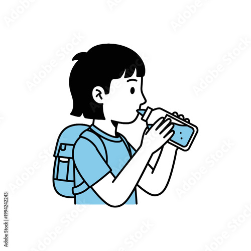 Vector illustration of a student with backpack drinking water