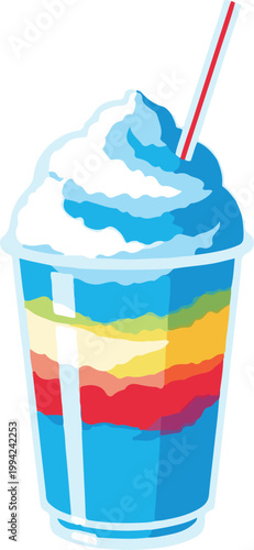 A cold drink with colorful layers topped with whipped cream