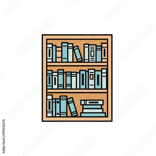 Minimalist wooden bookshelf illustration with books in flat design