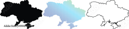 Set of Ukraine country map icons including black solid silhouette, pixelated blue gradient pattern, and outline border design. Vector illustration isolated on white background.