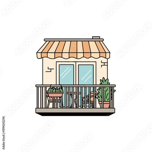 Vector illustration of a cozy balcony with awning and plants
