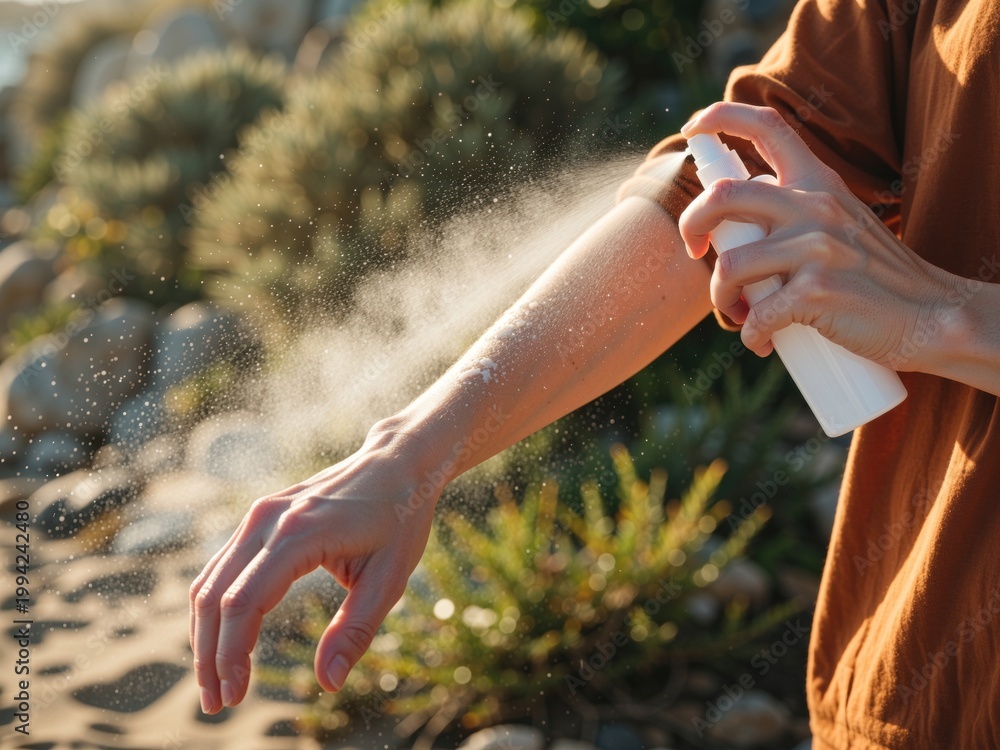 Fototapeta premium Applying sunscreen spray on arm for sun protection outdoors
