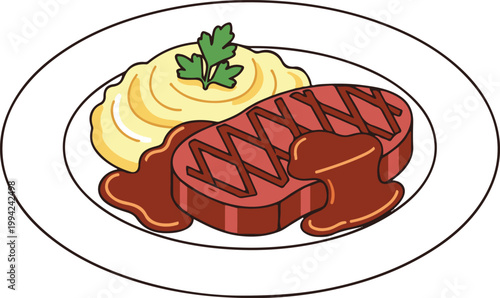 Grilled steak with mashed potatoes on a plate is served hot.