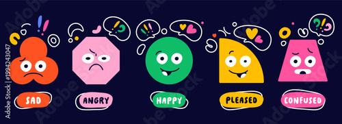 Cute colorful shapes circle, clover, hexagon, triangle, semicircle with expressing happy, sad, angry, confused, and pleased feelings with playful speech bubbles.