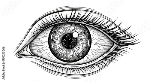 Detailed hand-drawn illustration of an eye with a digital circuit pattern in the iris, black and white line art concept.