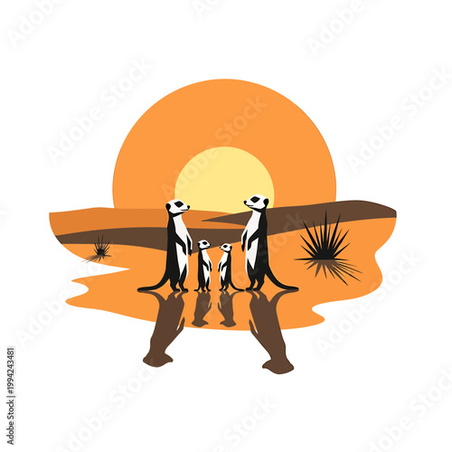 Meerkat family standing in desert landscape at sunset vector art