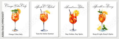 Vibrant Aperol spritz cocktail illustration with orange slice and ice, perfect for summer party invitations, Italian beverage posters, or festive drink menu designs.