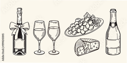 Celebratory illustration featuring champagne grapes cheese and a cake