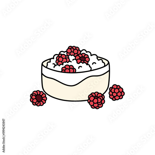 Bowl of cottage cheese or yogurt with fresh raspberries illustration