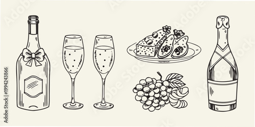Celebratory sketch featuring champagne cake and grapes in black and white