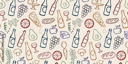 A colorful pattern of fruits wine bottles and picnic food items