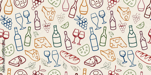 A colorful repeating pattern of wine cheese grapes and related items