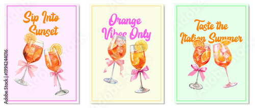 Watercolor aperol spritz cocktail illustration with orange slices and ice. Hand-drawn summer drink perfect for party invitations, posters, or Italian beverage menus.