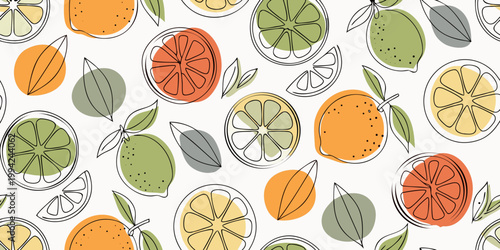 Colorful citrus fruit slices and leaves in a seamless pattern