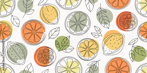 A seamless pattern featuring colorful citrus fruit slices and foliage