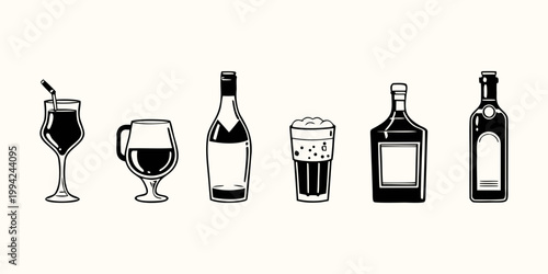 Collection of various beverage containers in a minimalist black and white style