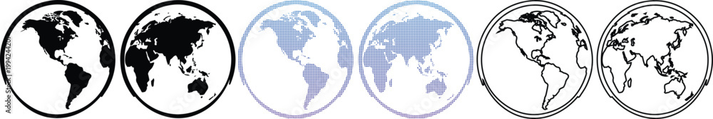 Fototapeta premium Collection of world map globe icons featuring solid black silhouettes, pixelated blue gradients, and minimalist line art outlines showing different perspectives of Earth.
